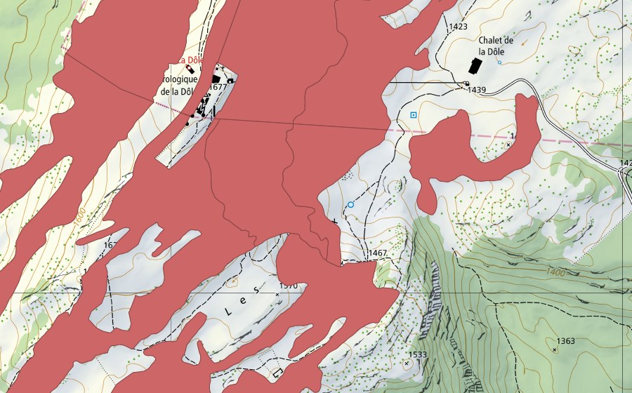 Carte nationale swisstopo avec le périmètre protégé de La Dôle (Prairie sèche)