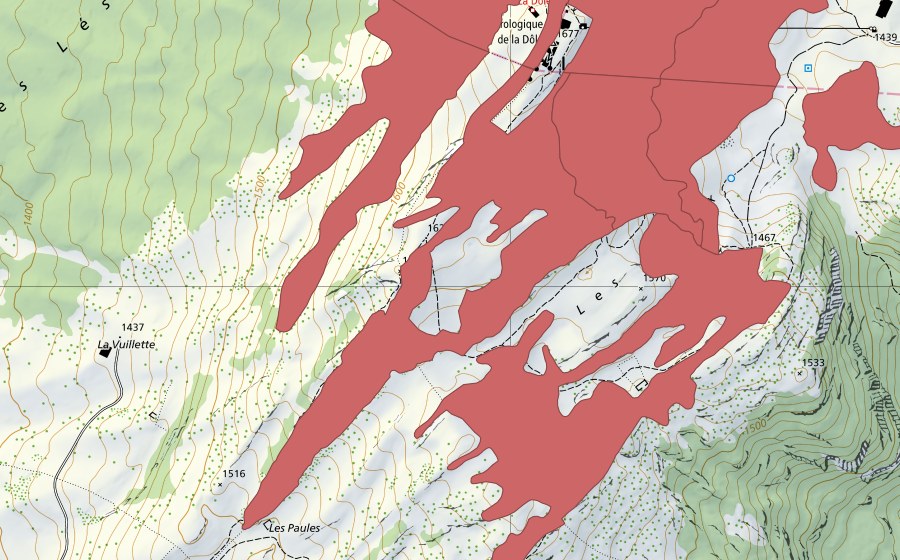 swisstopo national map showing the protected perimeter of La Dôle (Dry meadow)
