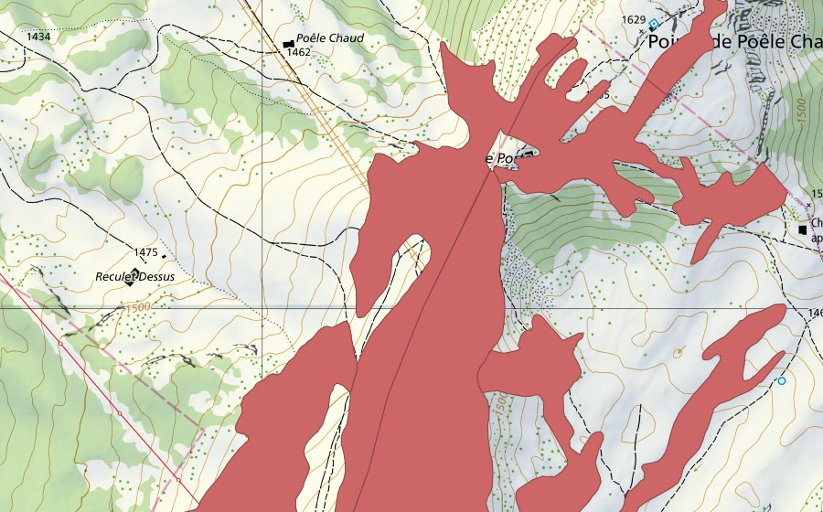 swisstopo national map showing the protected perimeter of La Dôle (Dry meadow)