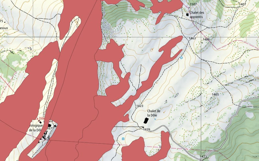 swisstopo national map showing the protected perimeter of La Dôle (Dry meadow)