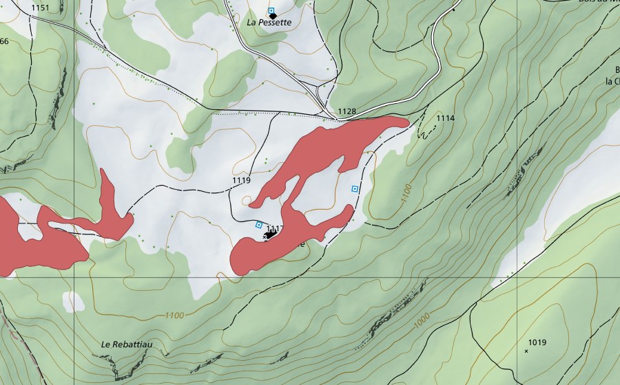 Carte nationale swisstopo avec le périmètre protégé de La Dunanche (Prairie sèche)