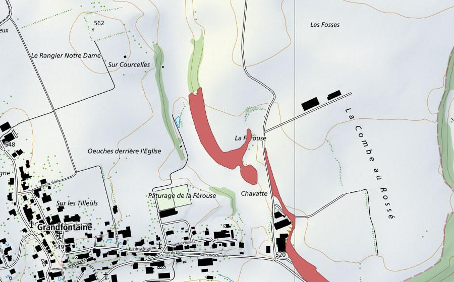 Carte nationale swisstopo avec le périmètre protégé de La Ferouse (Prairie sèche)