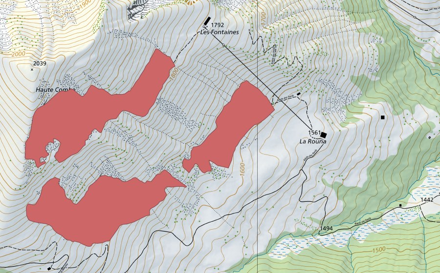Carte nationale swisstopo avec le périmètre protégé de La Forcla (Prairie sèche)
