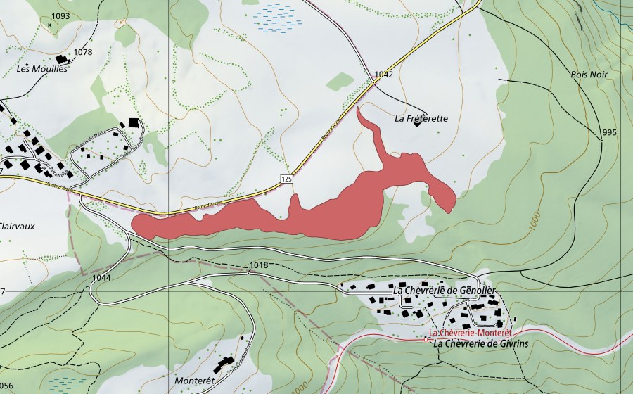 swisstopo national map showing the protected perimeter of La Fréterette (Dry meadow)