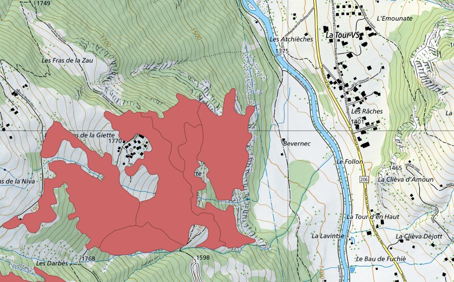 Carte nationale swisstopo avec le périmètre protégé de La Giette (Prairie sèche)