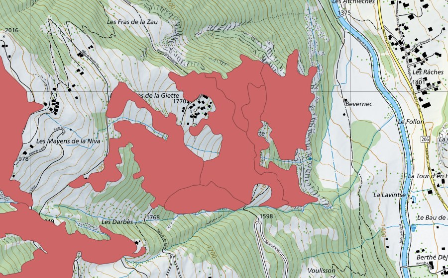 Carte nationale swisstopo avec le périmètre protégé de La Giette (Prairie sèche)