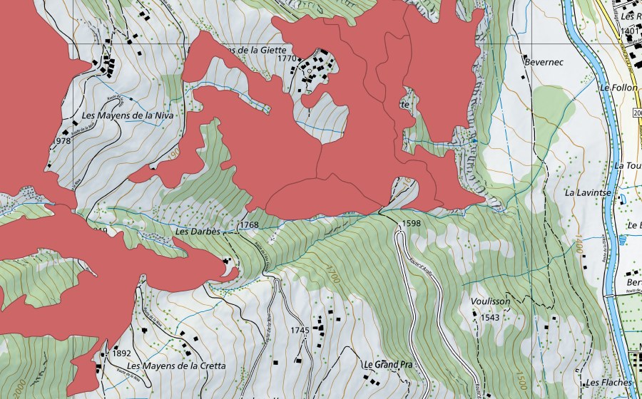 swisstopo national map showing the protected perimeter of La Giette (Dry meadow)