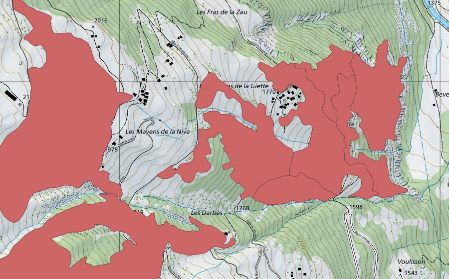 Carte nationale swisstopo avec le périmètre protégé de La Giette (Prairie sèche)