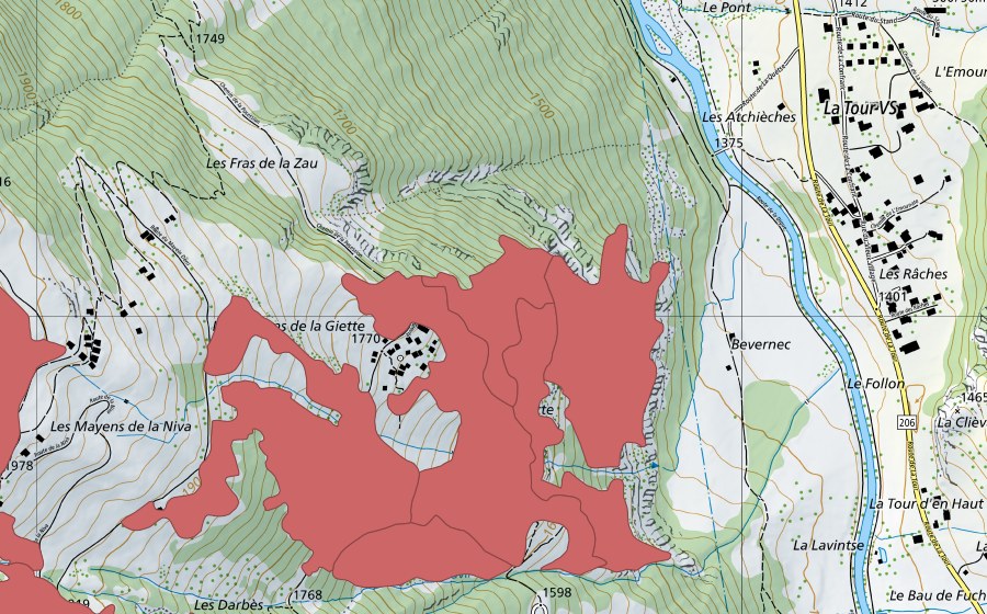 Carte nationale swisstopo avec le périmètre protégé de La Giette (Prairie sèche)