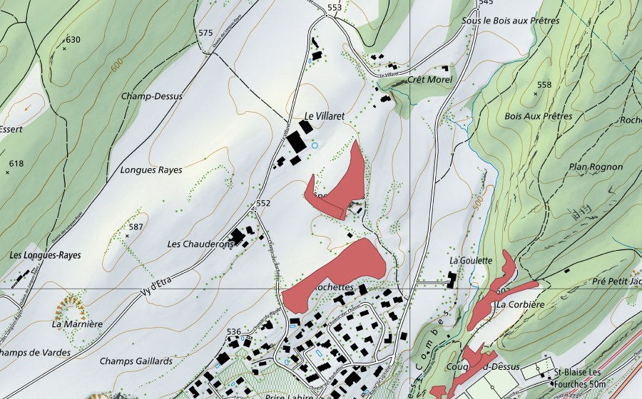 swisstopo national map showing the protected perimeter of La Goulette (Dry meadow)