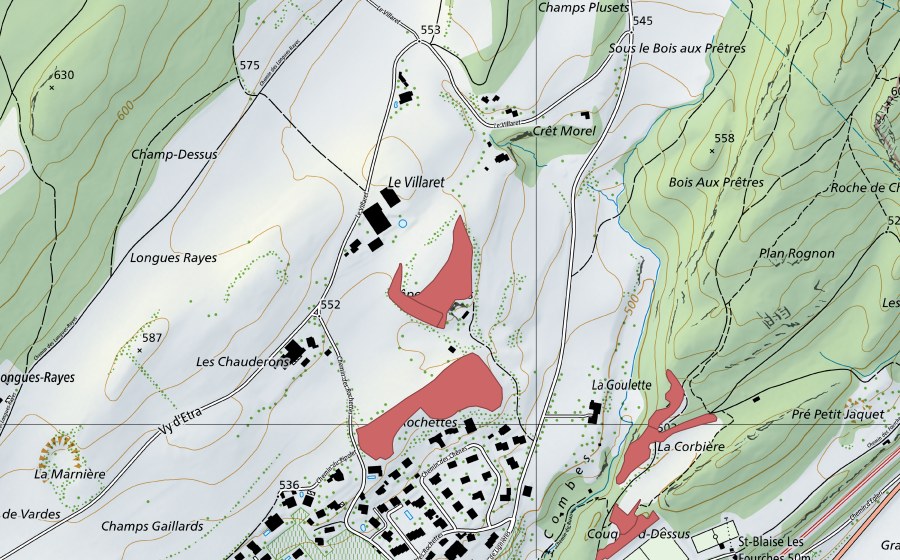 swisstopo national map showing the protected perimeter of La Goulette (Dry meadow)