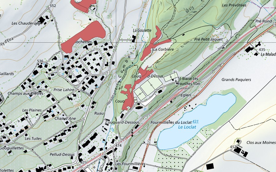 swisstopo national map showing the protected perimeter of La Goulette (Dry meadow)