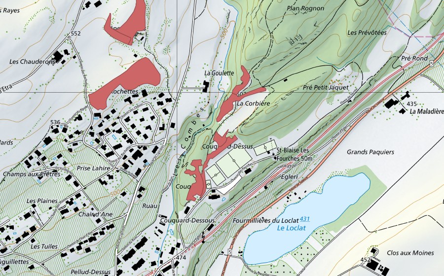 swisstopo national map showing the protected perimeter of La Goulette (Dry meadow)