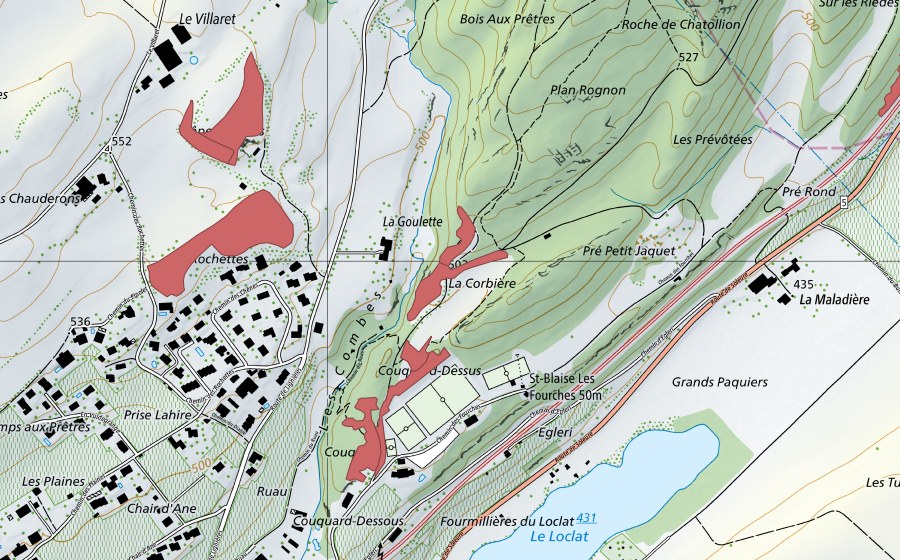 Landeskarte swisstopo mit dem Schutzperimeter von La Goulette (Trockenwiese)