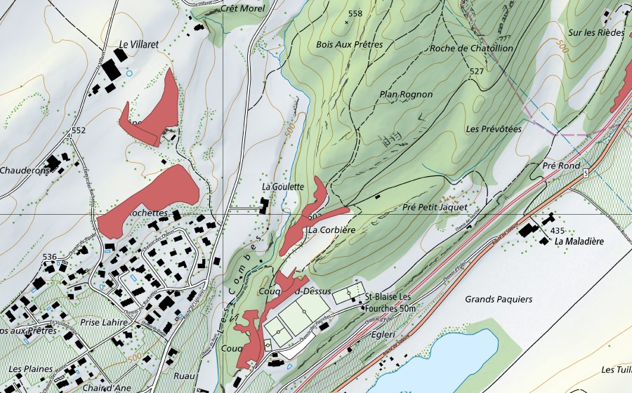 swisstopo national map showing the protected perimeter of La Goulette (Dry meadow)