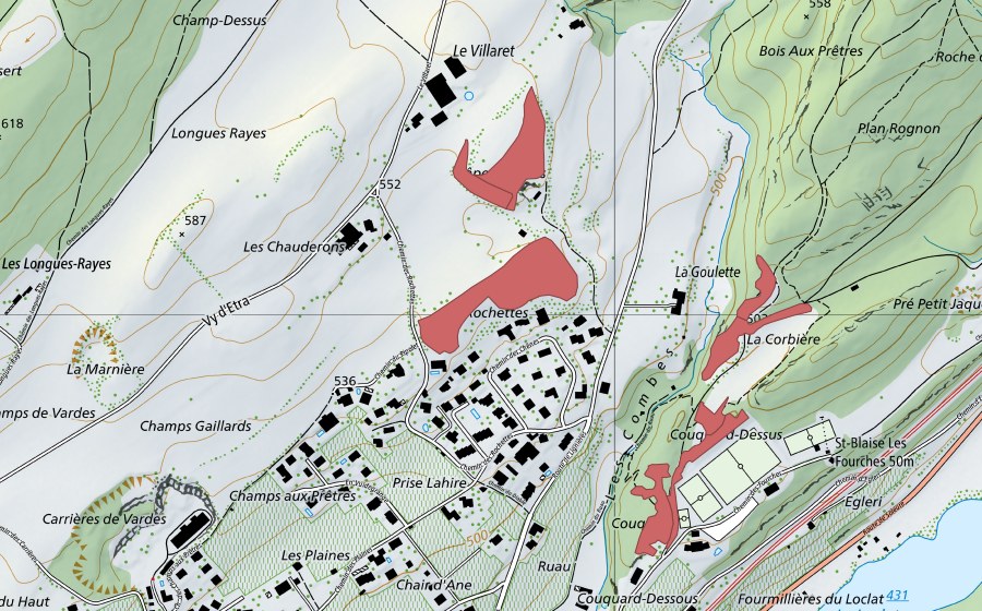 swisstopo national map showing the protected perimeter of La Goulette (Dry meadow)