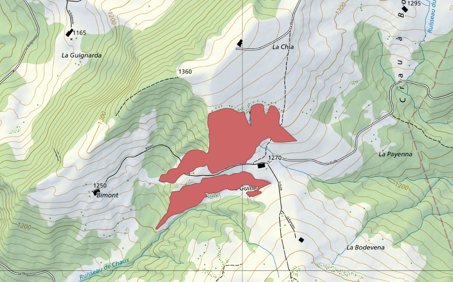 swisstopo national map showing the protected perimeter of La Guille (Dry meadow)