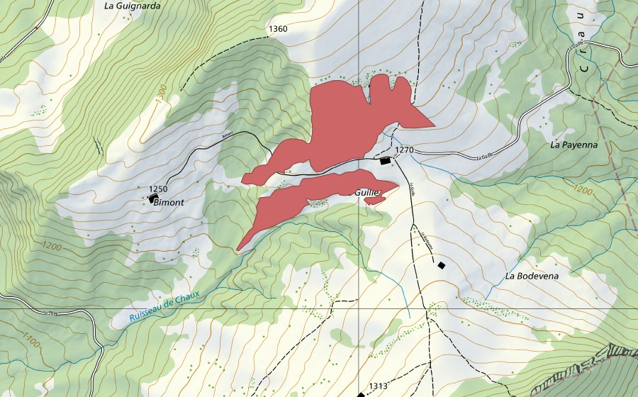 Landeskarte swisstopo mit dem Schutzperimeter von La Guille (Trockenwiese)