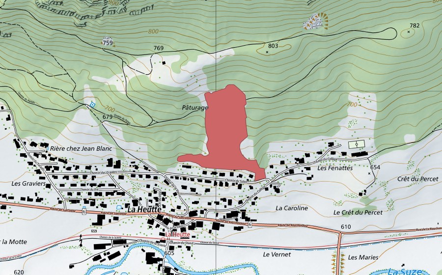 swisstopo national map showing the protected perimeter of La Heutte (Dry meadow)