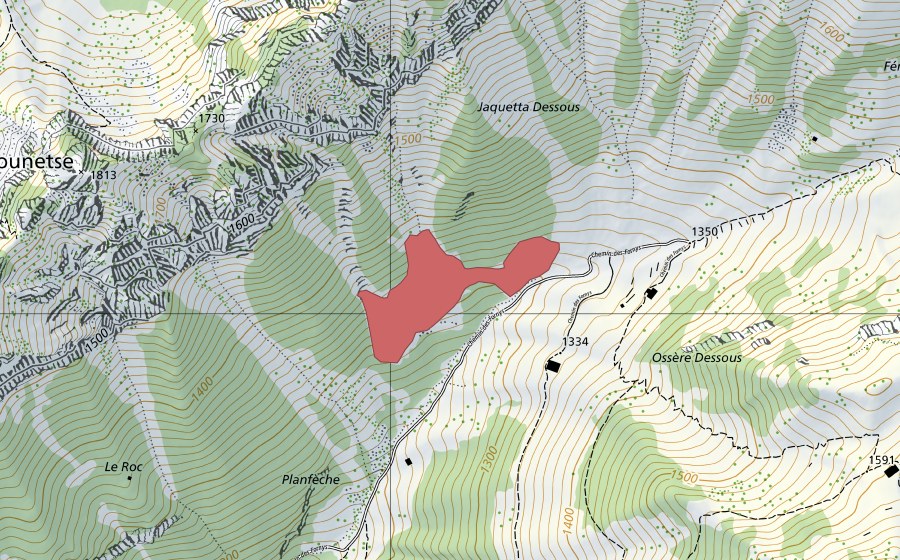 swisstopo national map showing the protected perimeter of La Jaquetta Dessous (Dry meadow)
