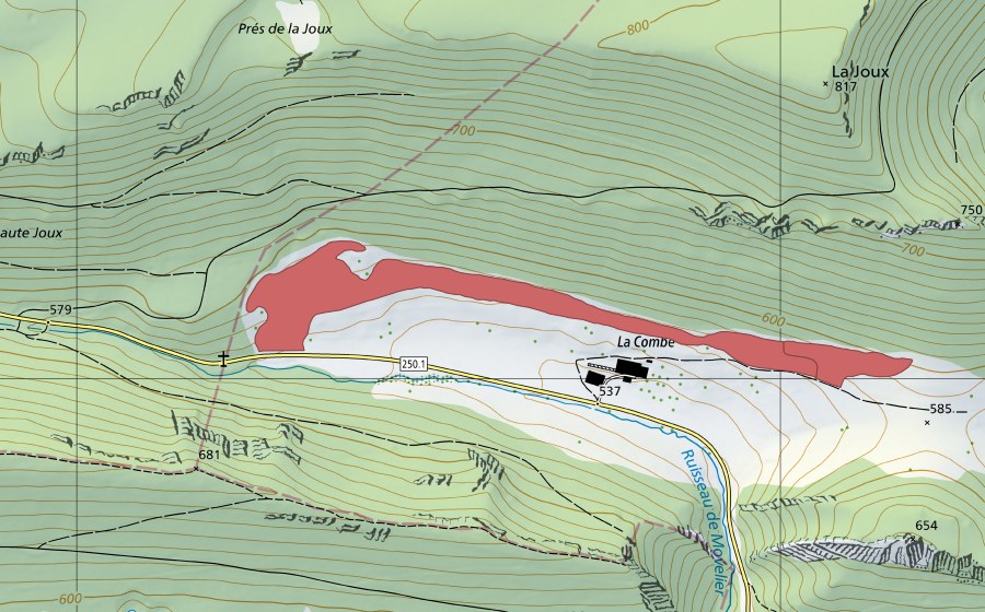 Carte nationale swisstopo avec le périmètre protégé de La Joux (Prairie sèche)