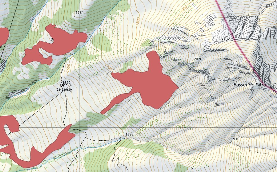 Landeskarte swisstopo mit dem Schutzperimeter von La Laissy (Trockenwiese)