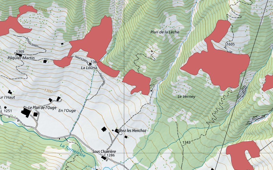 Carte nationale swisstopo avec le périmètre protégé de La Loune (Prairie sèche)