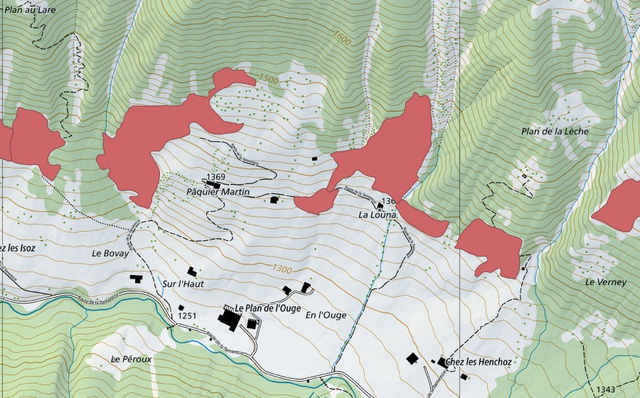 Carte nationale swisstopo avec le périmètre protégé de La Loune (Prairie sèche)