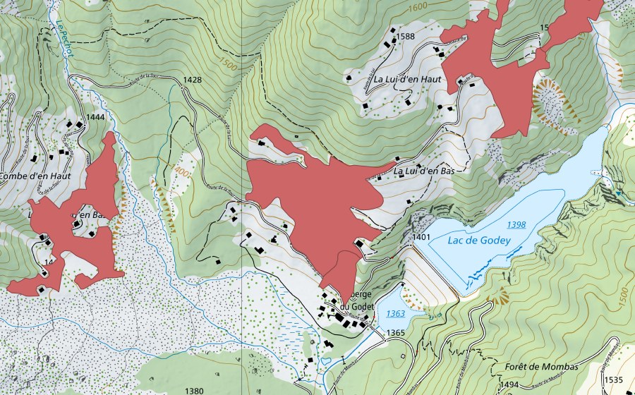 swisstopo national map showing the protected perimeter of La Lui Dessous (Dry meadow)