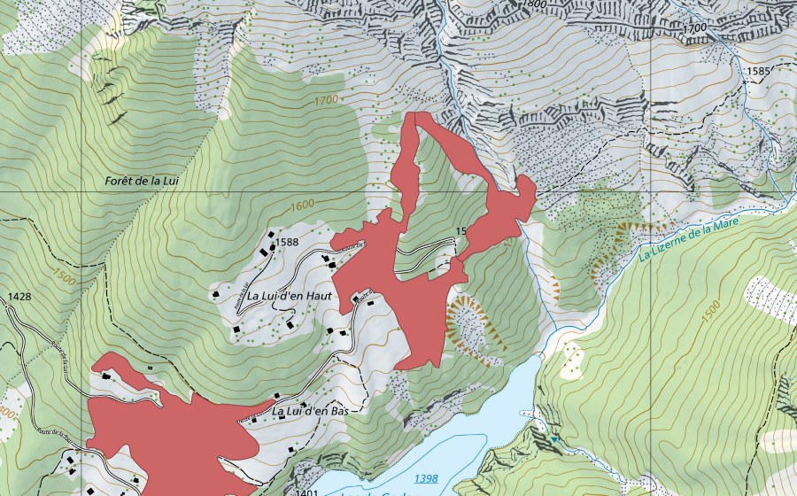 swisstopo national map showing the protected perimeter of La Lui Dessus (Dry meadow)