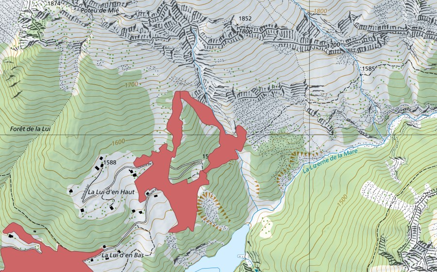 Carte nationale swisstopo avec le périmètre protégé de La Lui Dessus (Prairie sèche)