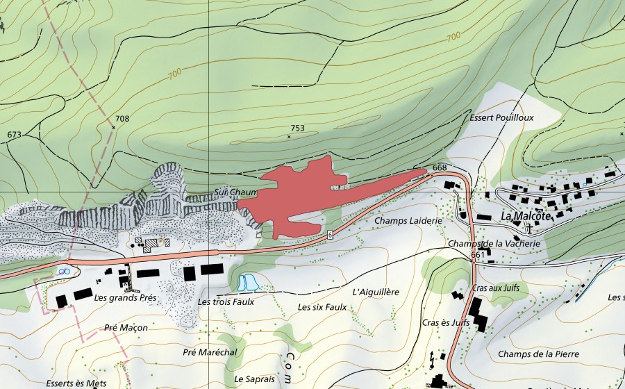 Landeskarte swisstopo mit dem Schutzperimeter von La Malcôte (Trockenwiese)