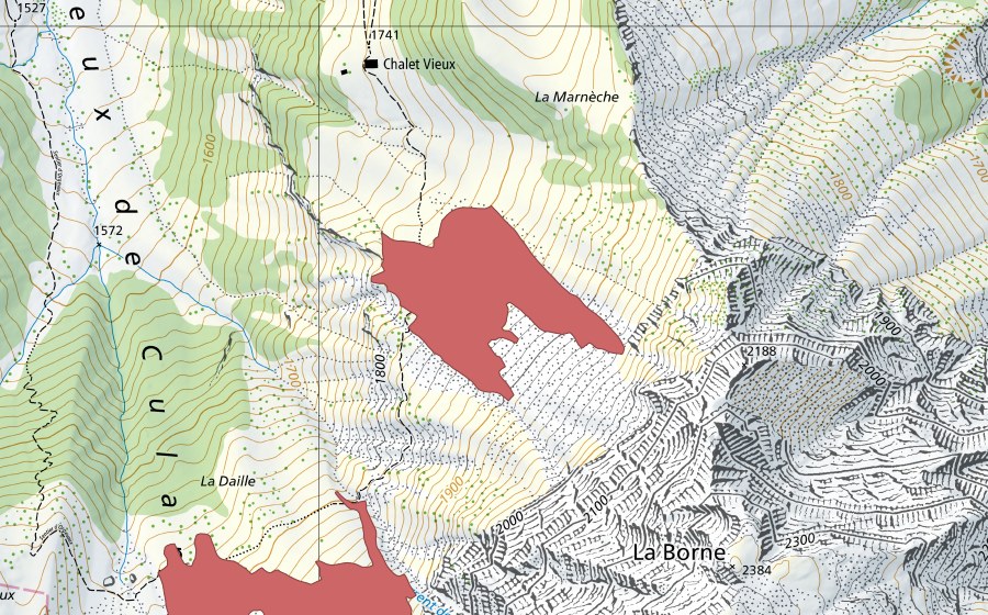 swisstopo national map showing the protected perimeter of La Marnèche (Dry meadow)