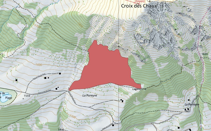 swisstopo national map showing the protected perimeter of La Mérine (Dry meadow)
