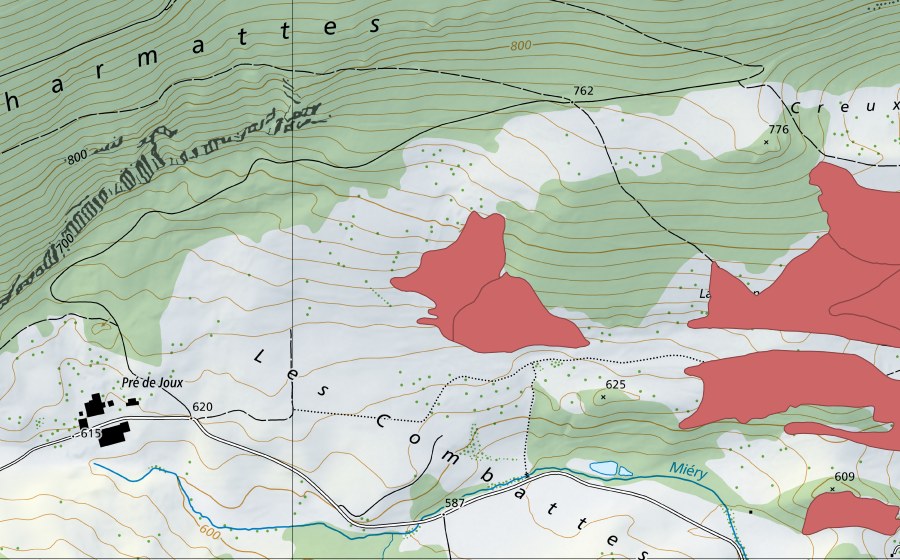 swisstopo national map showing the protected perimeter of La Metteneux (Dry meadow)