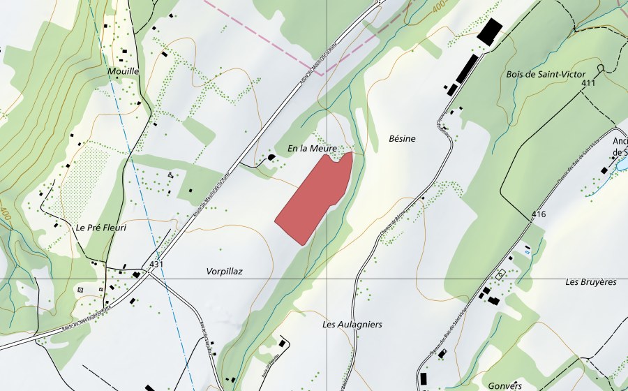 Carte nationale swisstopo avec le périmètre protégé de La Meure (Prairie sèche)