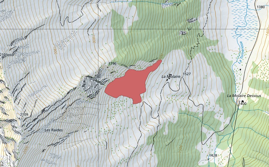 Landeskarte swisstopo mit dem Schutzperimeter von La Molaire (Trockenwiese)