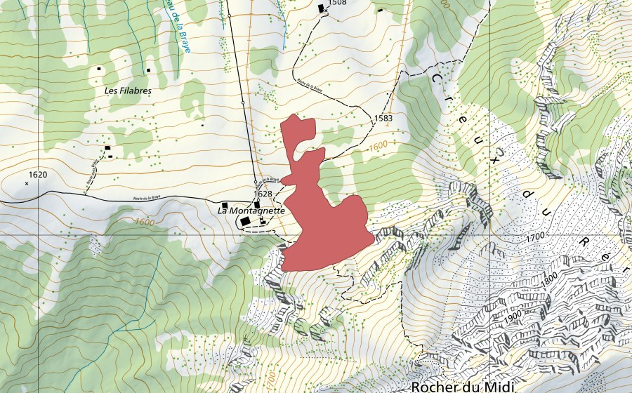Carte nationale swisstopo avec le périmètre protégé de La Montagnette (Prairie sèche)