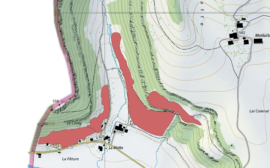 swisstopo national map showing the protected perimeter of La Motte (Dry meadow)