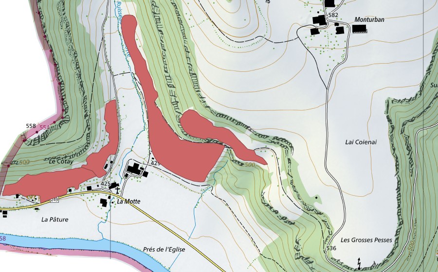Carte nationale swisstopo avec le périmètre protégé de La Motte (Prairie sèche)