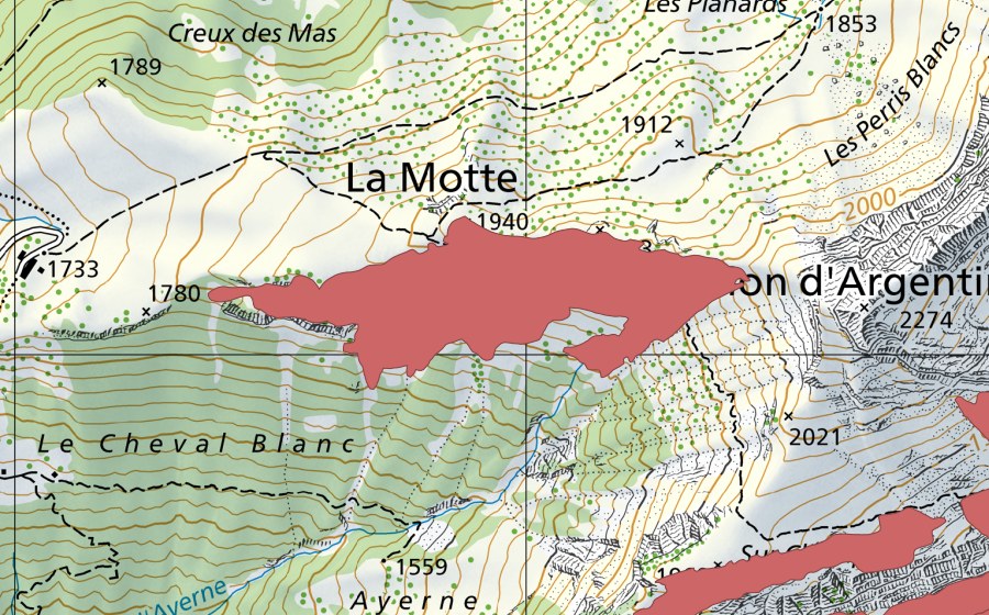 Landeskarte swisstopo mit dem Schutzperimeter von La Motte (Trockenwiese)