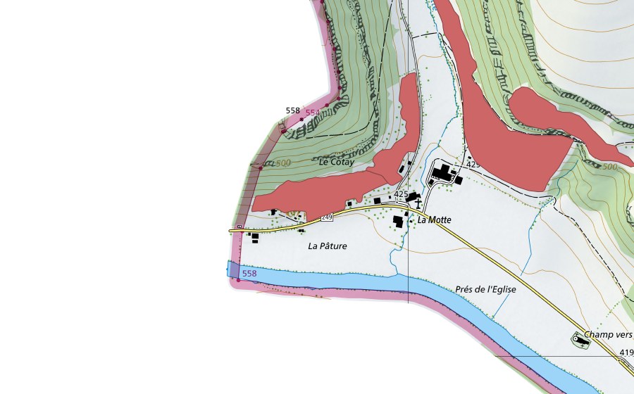 Carte nationale swisstopo avec le périmètre protégé de La Motte (Prairie sèche)