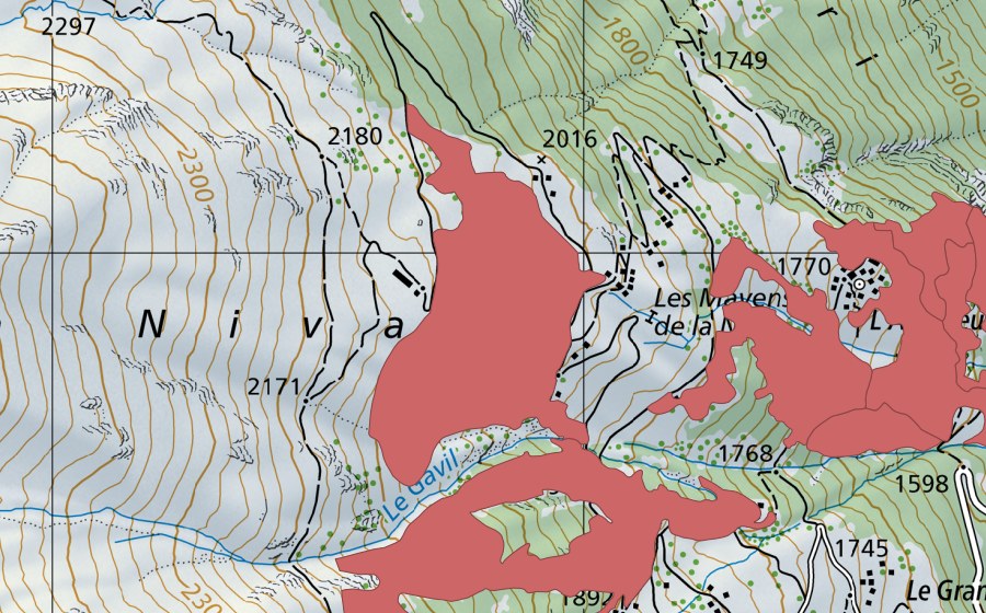 swisstopo national map showing the protected perimeter of La Niva (Dry meadow)