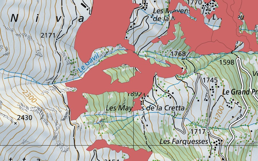 swisstopo national map showing the protected perimeter of La Niva (Dry meadow)
