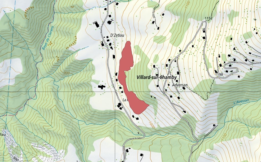 swisstopo national map showing the protected perimeter of La Palud (Dry meadow)