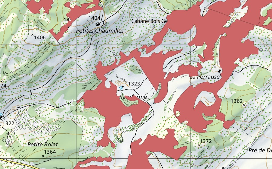 swisstopo national map showing the protected perimeter of La Perrause (Dry meadow)