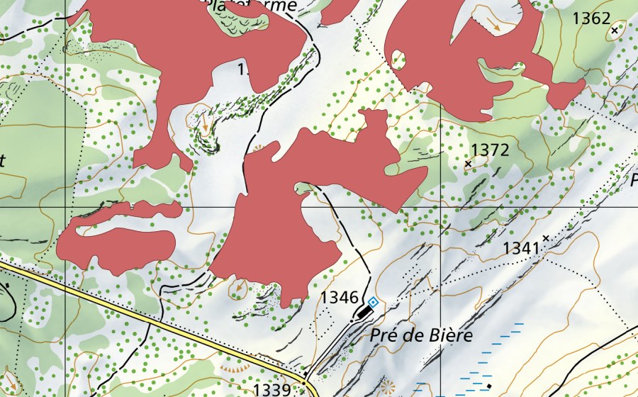 Carte nationale swisstopo avec le périmètre protégé de La Perrause (Prairie sèche)
