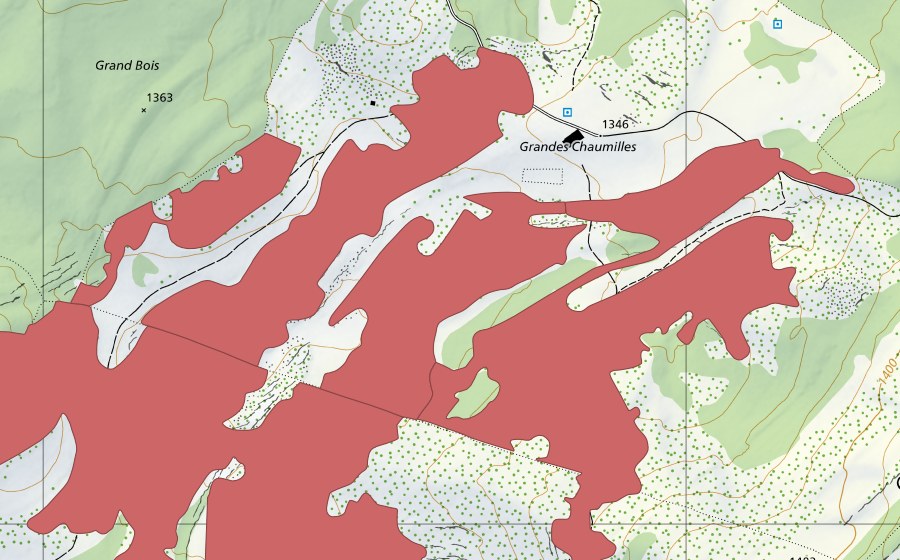 Carte nationale swisstopo avec le périmètre protégé de La Perrause (Prairie sèche)