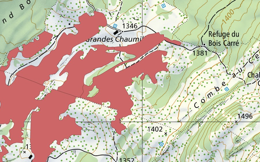 Landeskarte swisstopo mit dem Schutzperimeter von La Perrause (Trockenwiese)