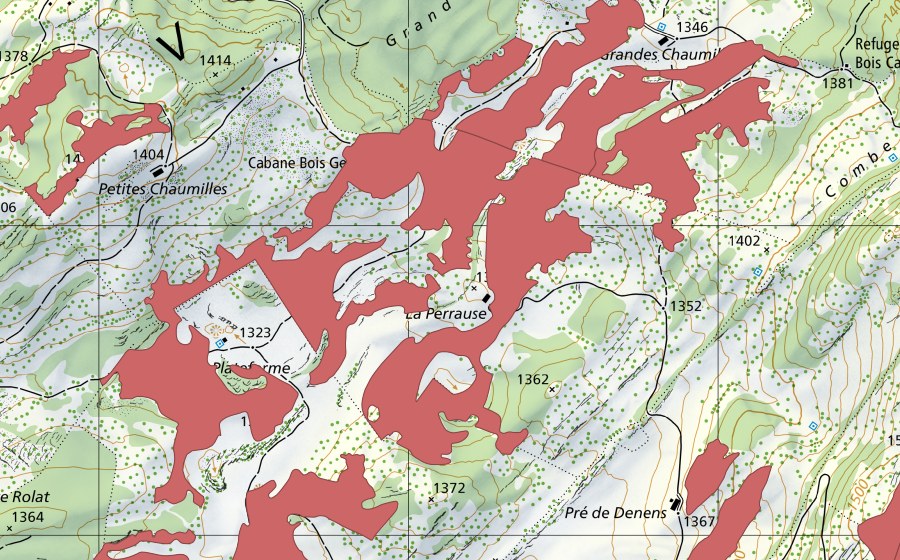 swisstopo national map showing the protected perimeter of La Perrause (Dry meadow)
